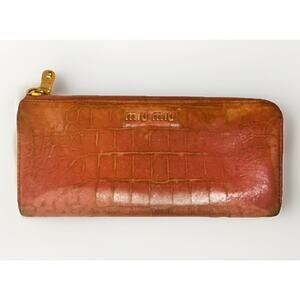 Miu Miu Pink Croc Embossed Leather Zip Around Wallet Authentic